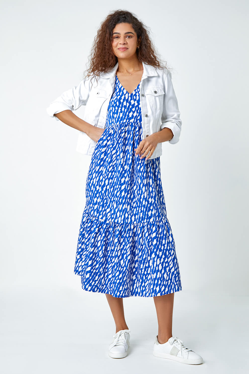 Royal Blue Abstract Frill Hem Midi Dress