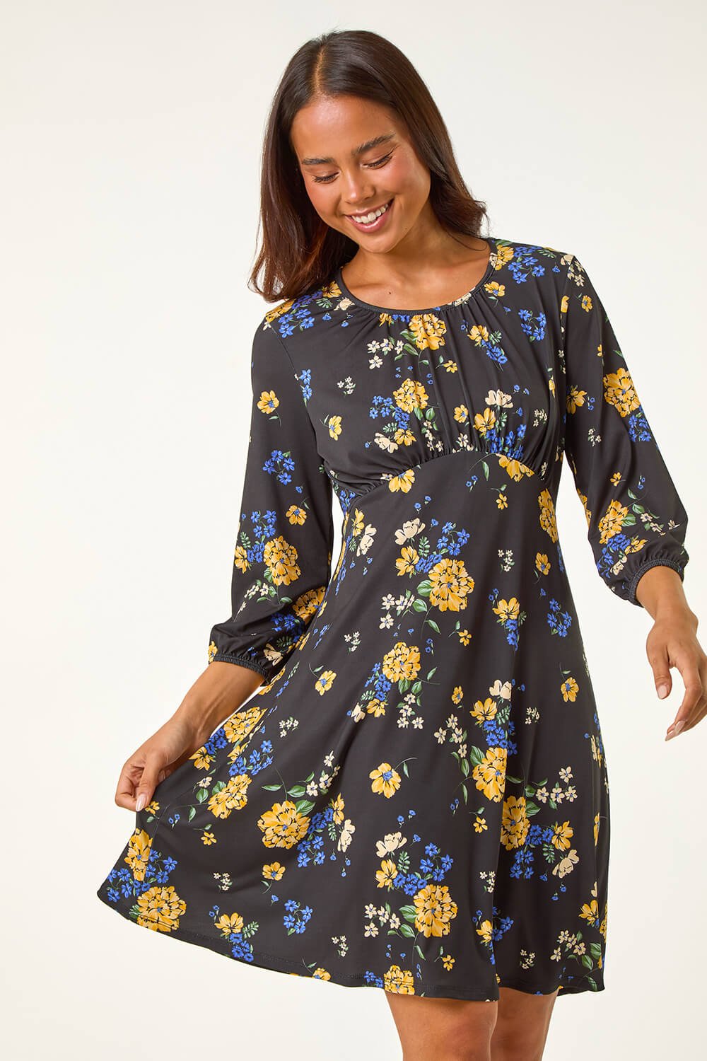 Black Petite Floral Print Gathered Waist Dress