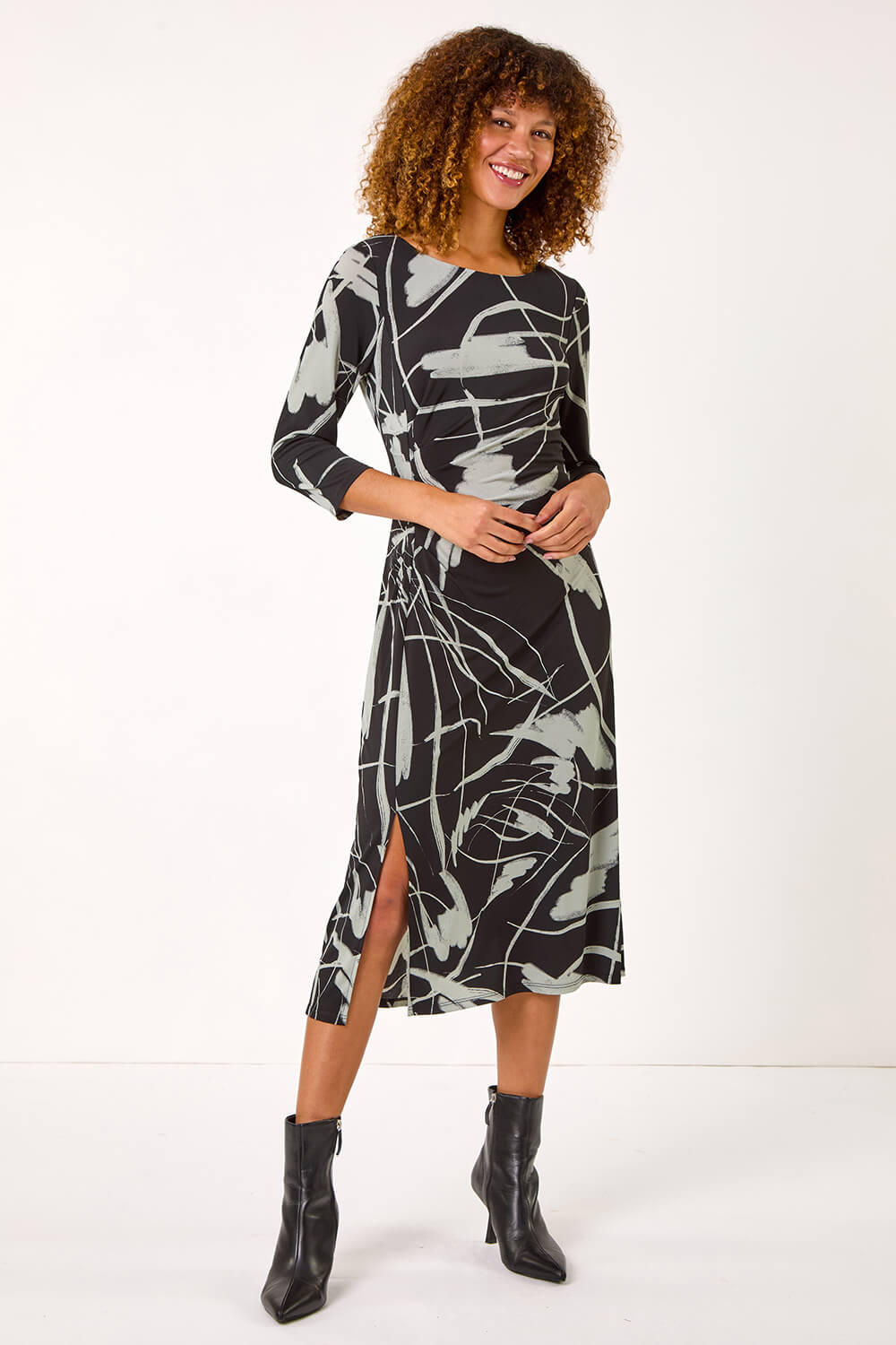 Black Abstract Side Ruched Midi Dress