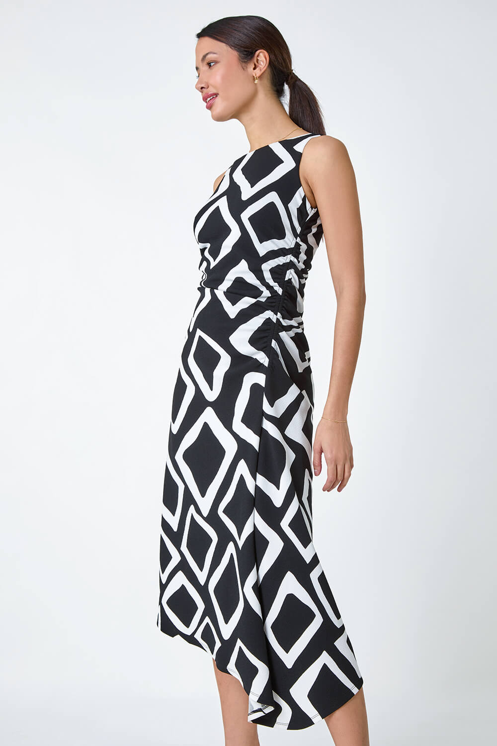 Black Geometric Asymmetric Midi Bodycon Dress
