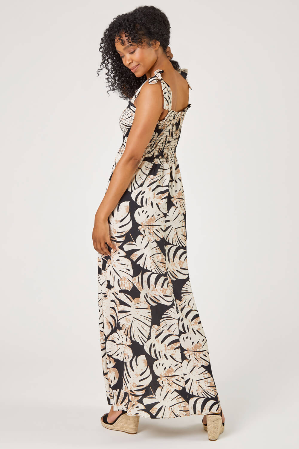 Black Petite Tropical Print Shirred Maxi Dress