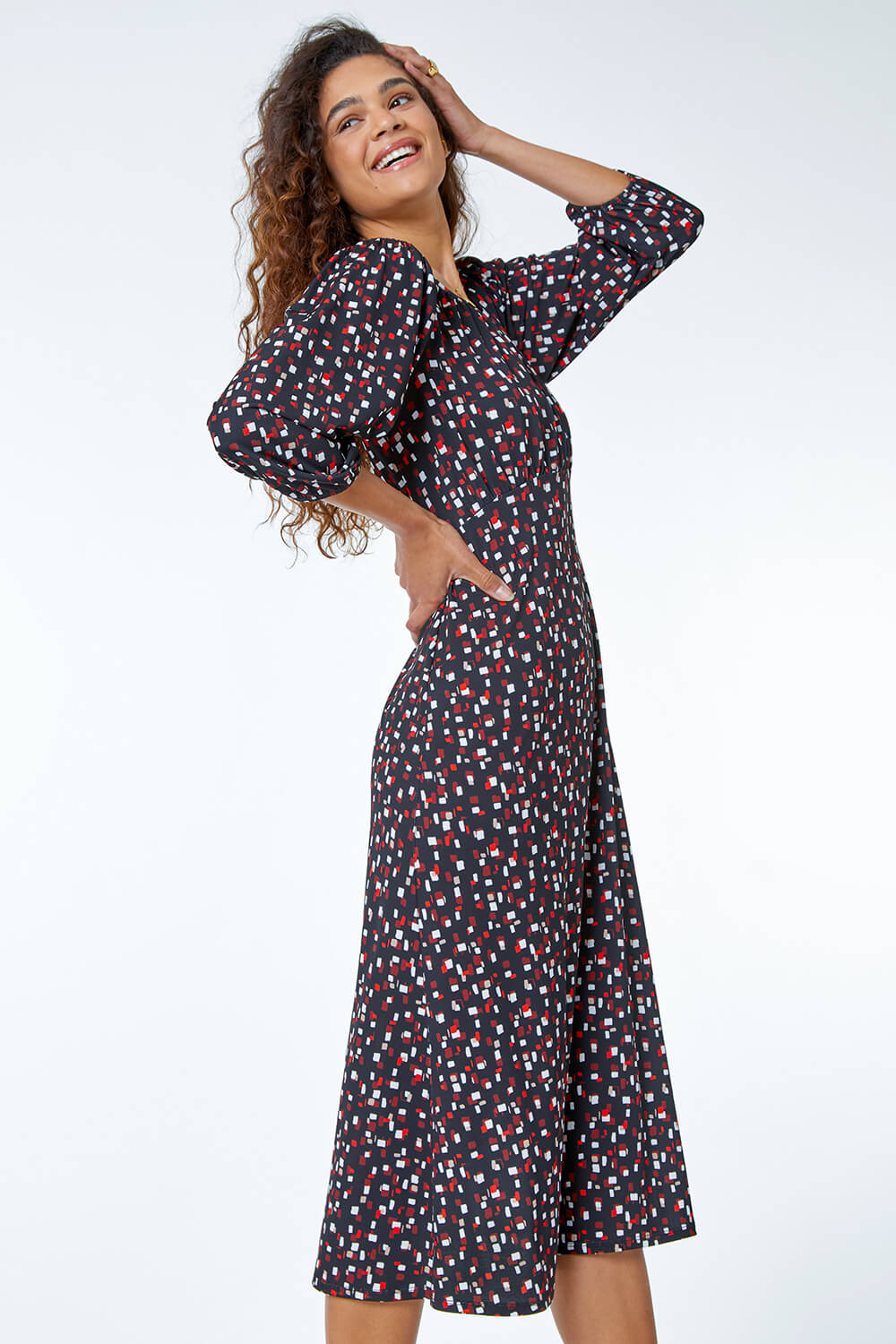 Black Geometric Print Midi Dress