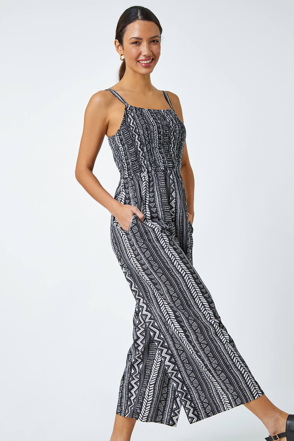 Black Aztec Stripe Print Crop Stretch Jumpsuit
