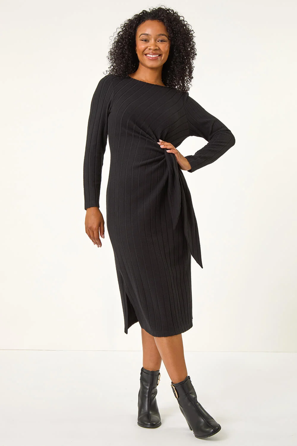 Black Petite Brushed Tie Waist Stretch Midi Dress
