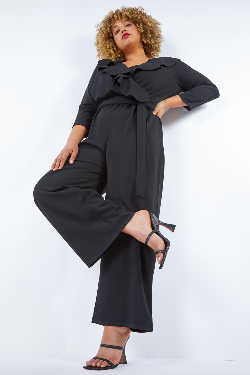 Black Curve Frill Detail Wrap Jumpsuit