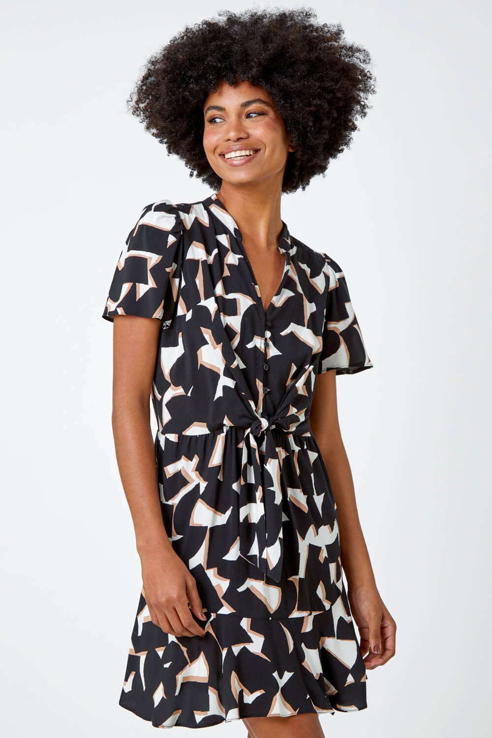 Black Geometric Print Frill Hem Skater Dress