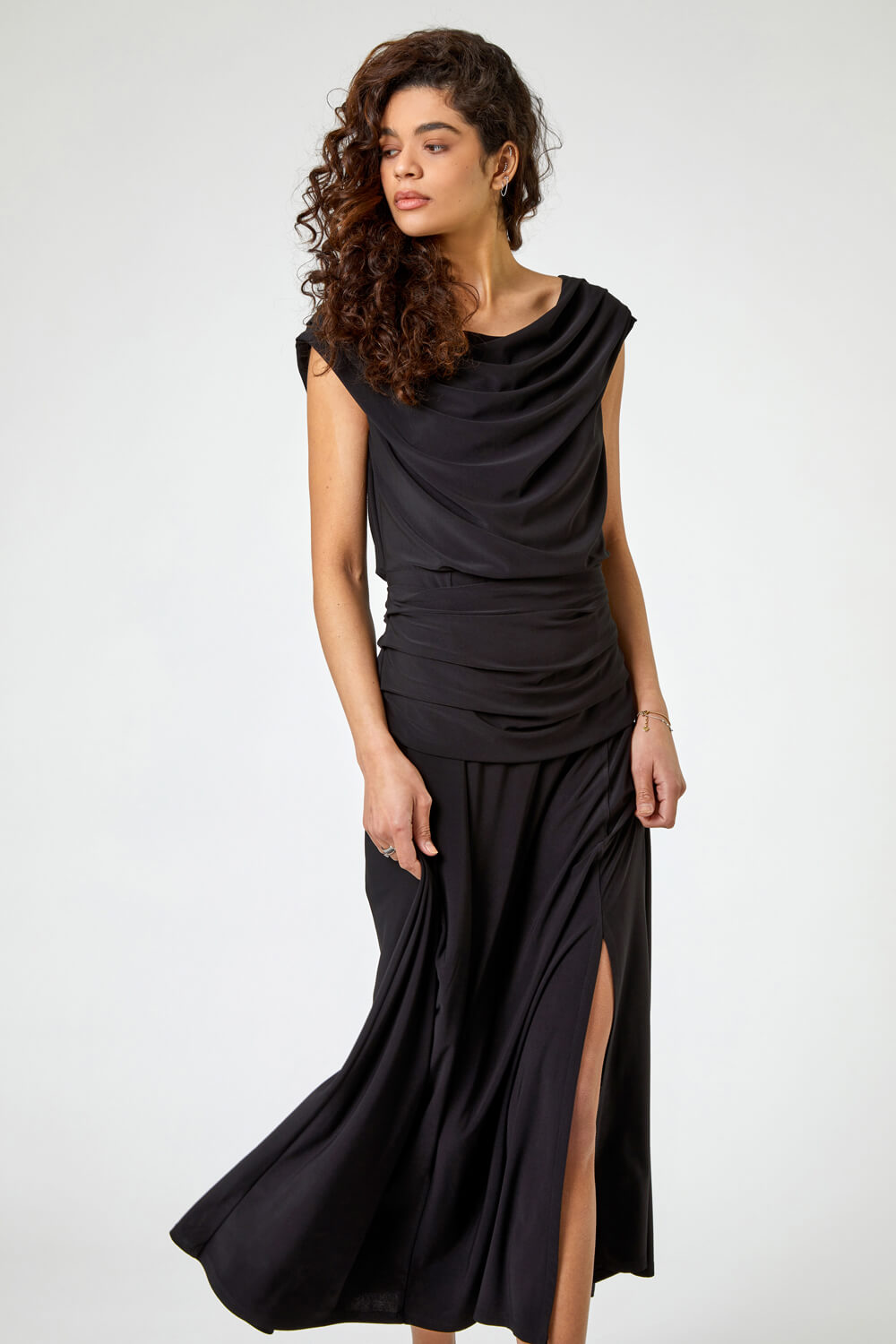 Black Cowl Neck Ruched Maxi Dress