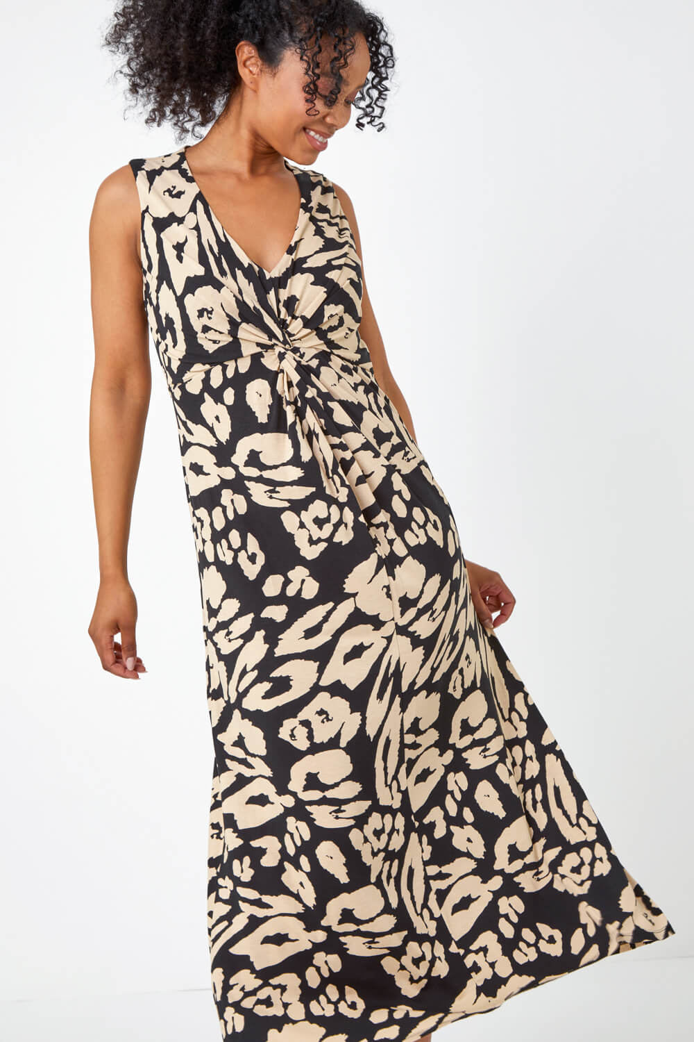 Black Petite Leopard Print Twist Jersey Maxi Dress