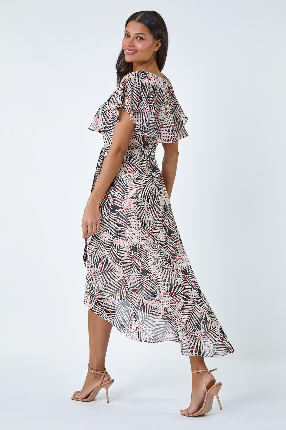 Black Leaf Print Chiffon Midi Wrap Dress