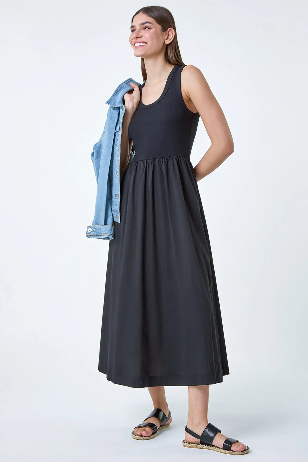 Black Cotton Stretch Jersey Mix Midi Dress