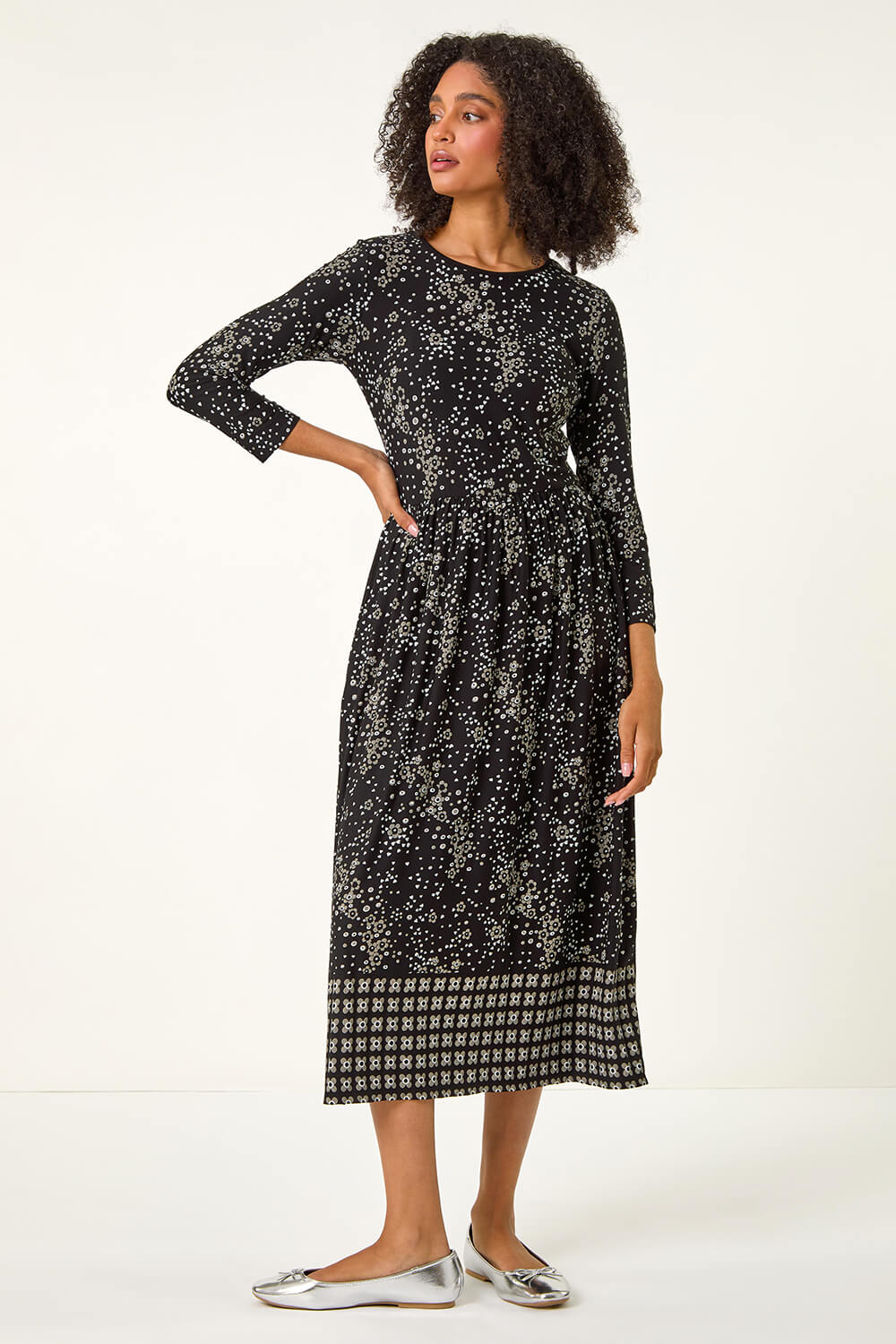 Black Floral Border Print Midi Dress