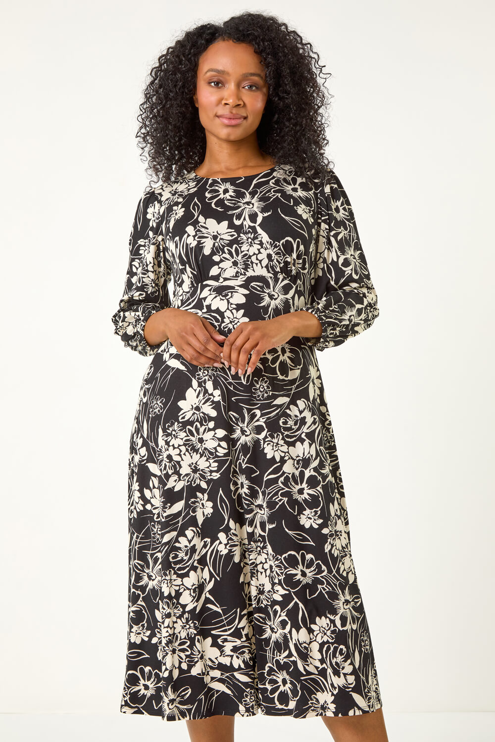 Black Petite Floral Stretch Midi Dress