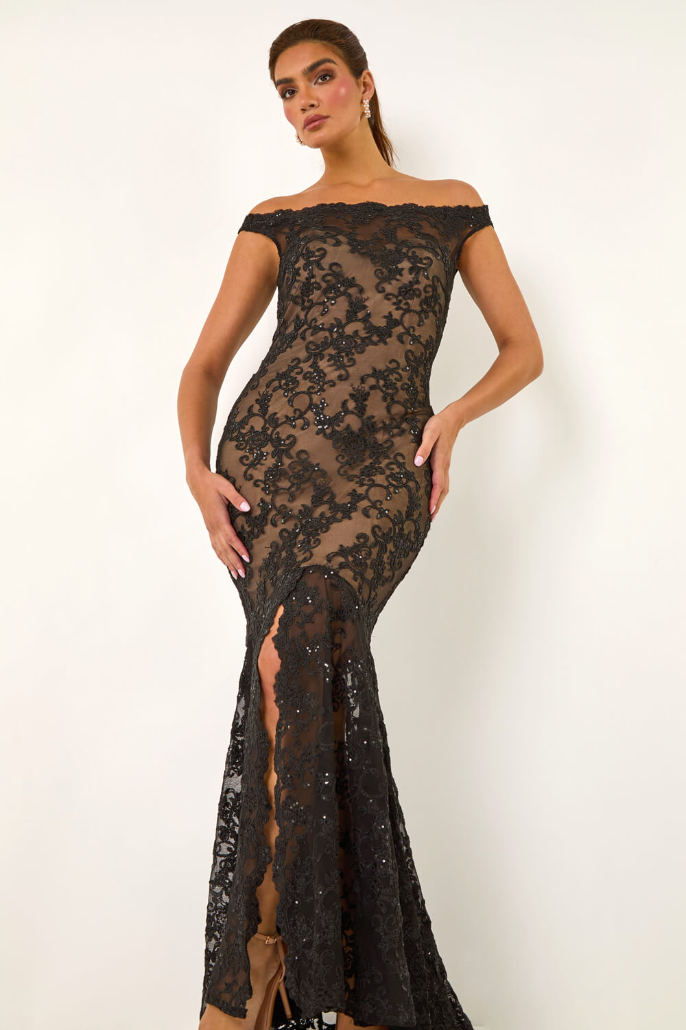 Black Lace Scallop Edge Front Split Maxi Dress