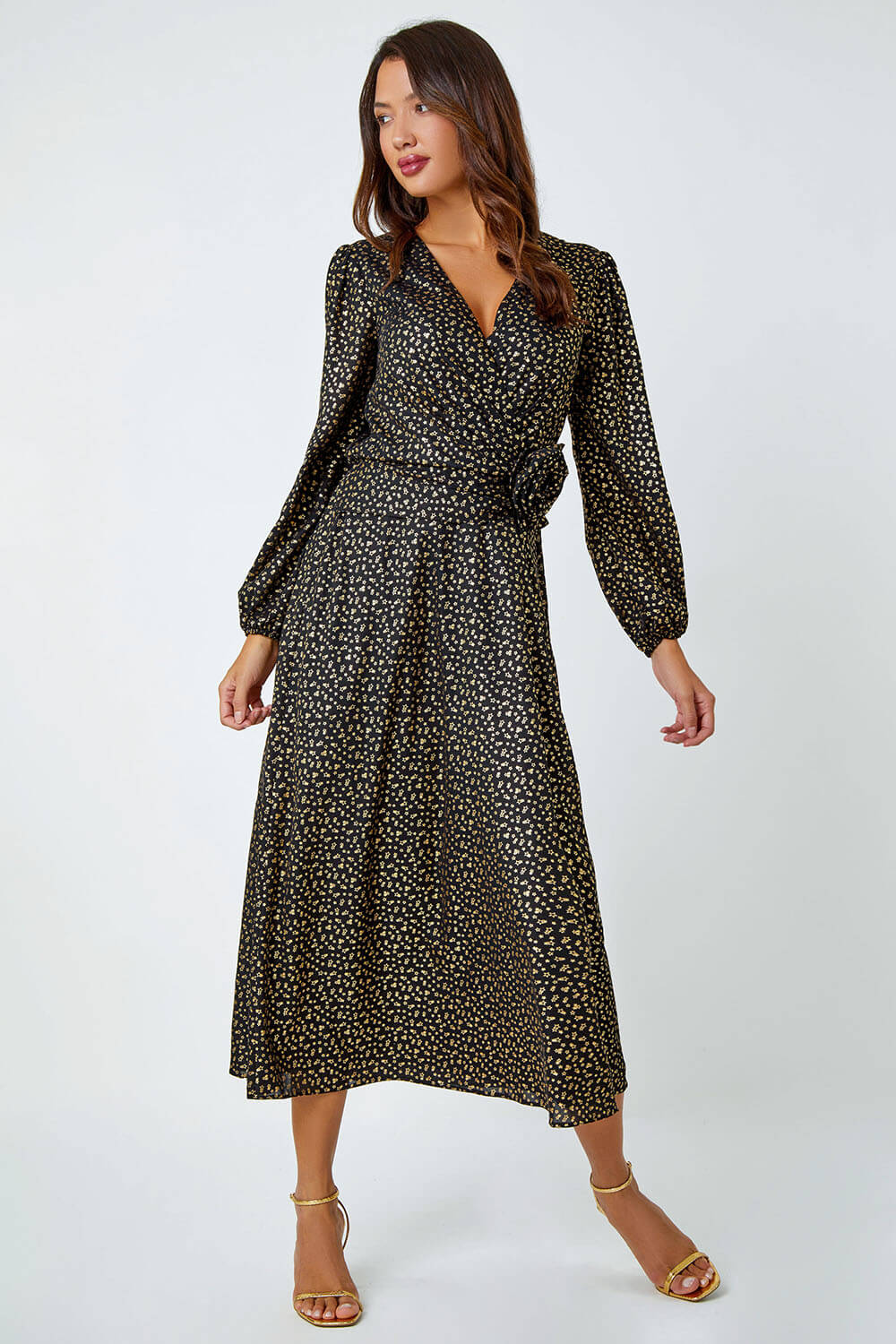 Black Metallic Star Print Corsage Midi Wrap Dress