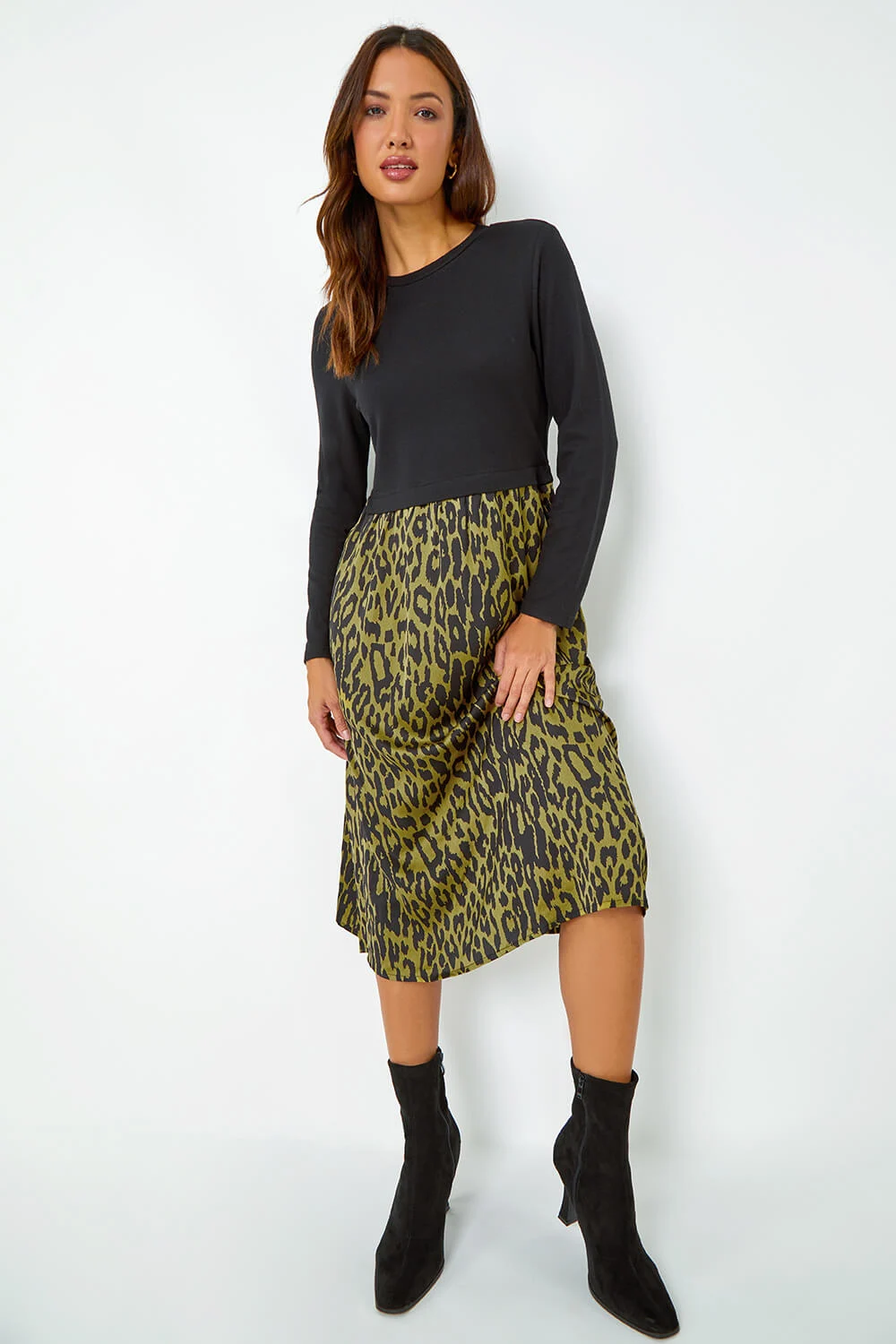 Black Contrast Leopard Print Pocket Knit Midi Dress