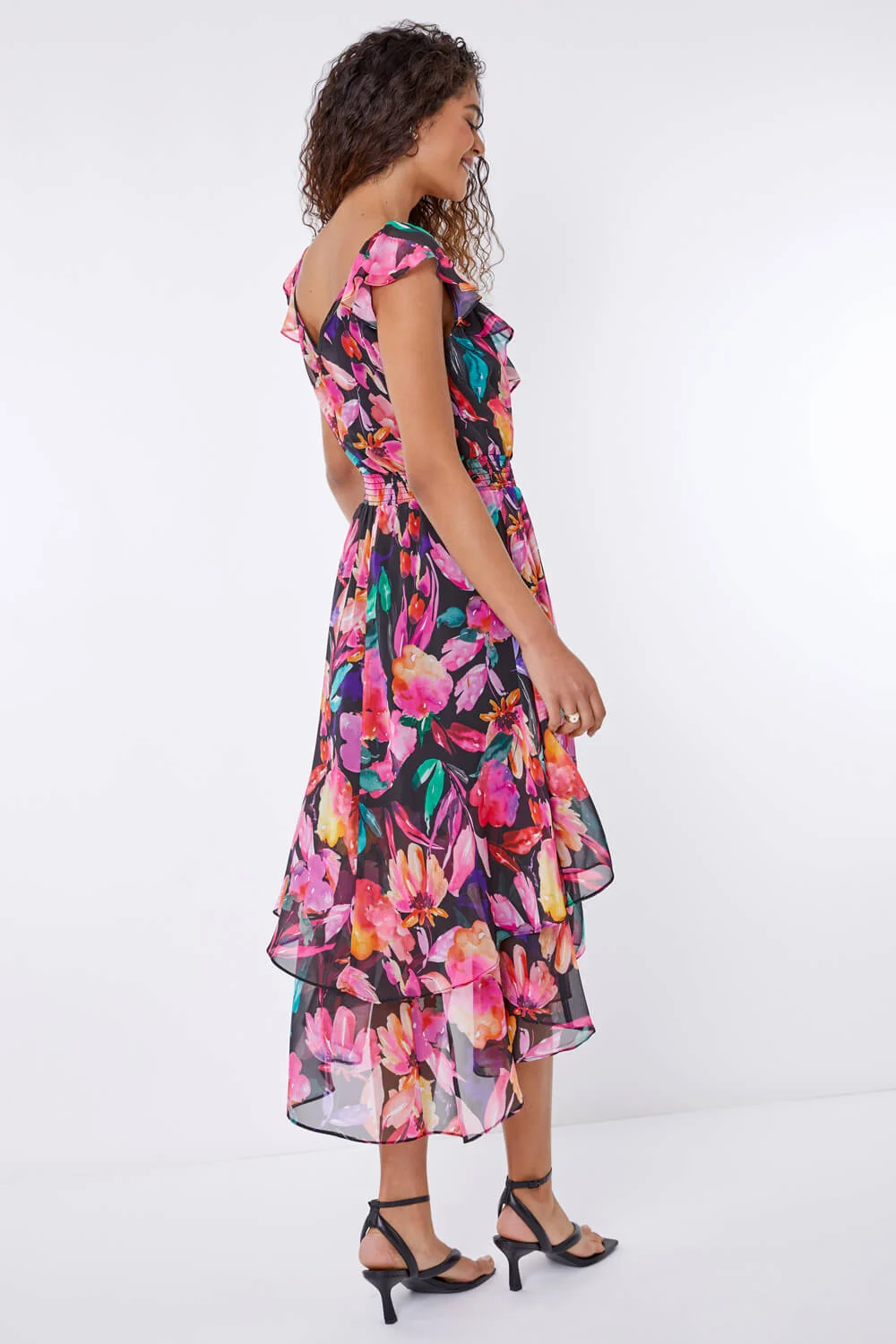Black Floral Shirred Waist Chiffon Ruffle Midi Dress