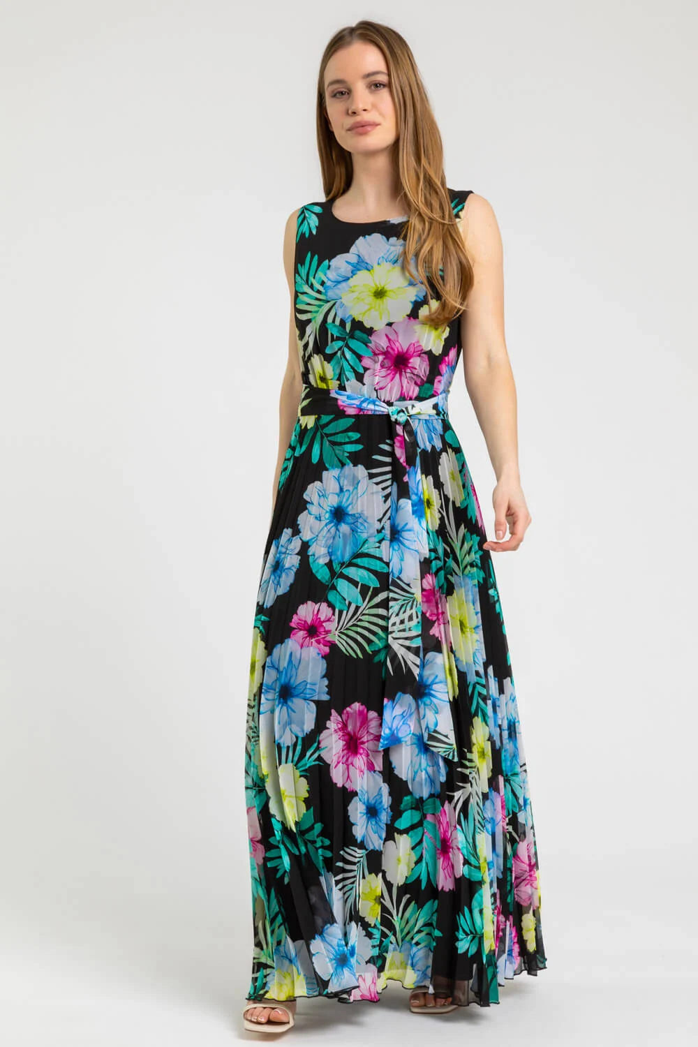 Black Petite Floral Pleated Maxi Dress