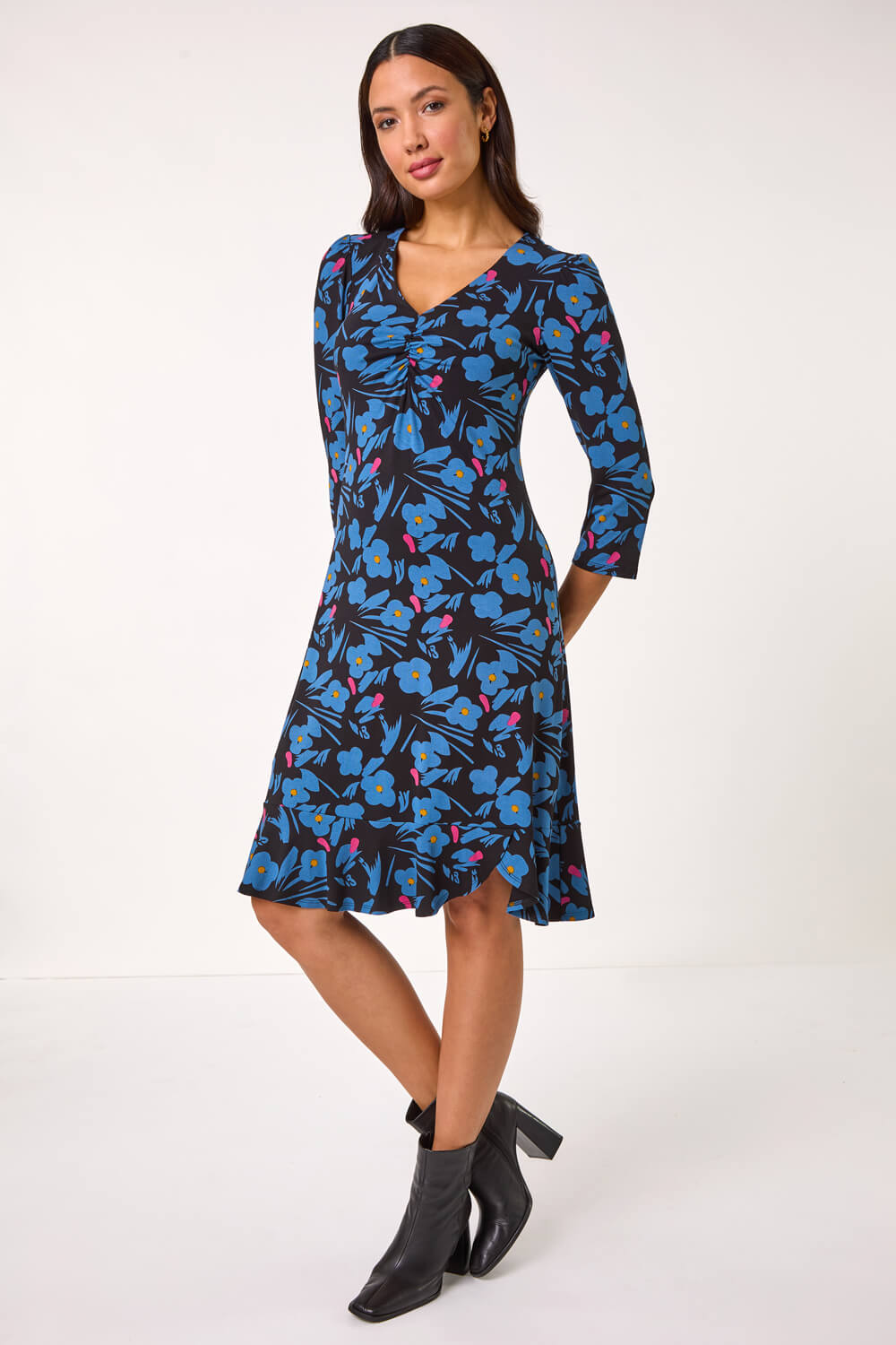 Black Floral Print V-Neck Ruched Dress