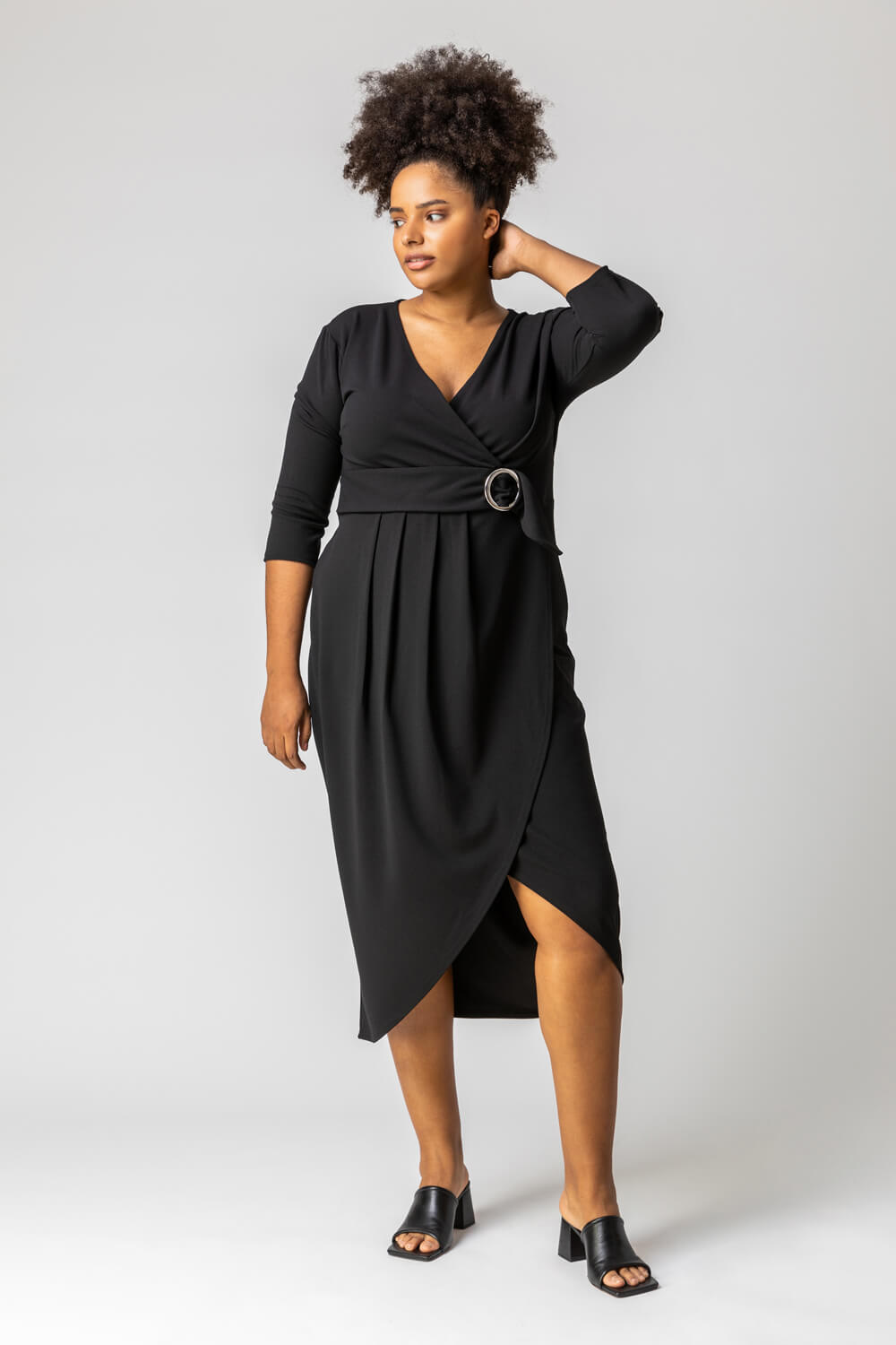 Black Curve Buckled Belt Ruched Wrap Dress