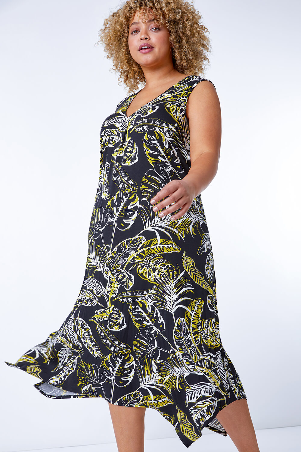 Black Curve Leaf Hanky Hem Stretch Dress
