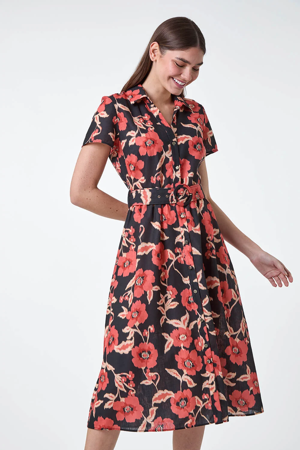 Black Floral Linen Look Belted Shirt Dress