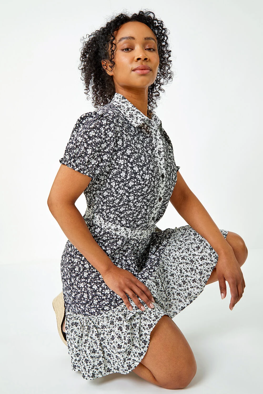Black Petite Ditsy Floral Shirt Dress