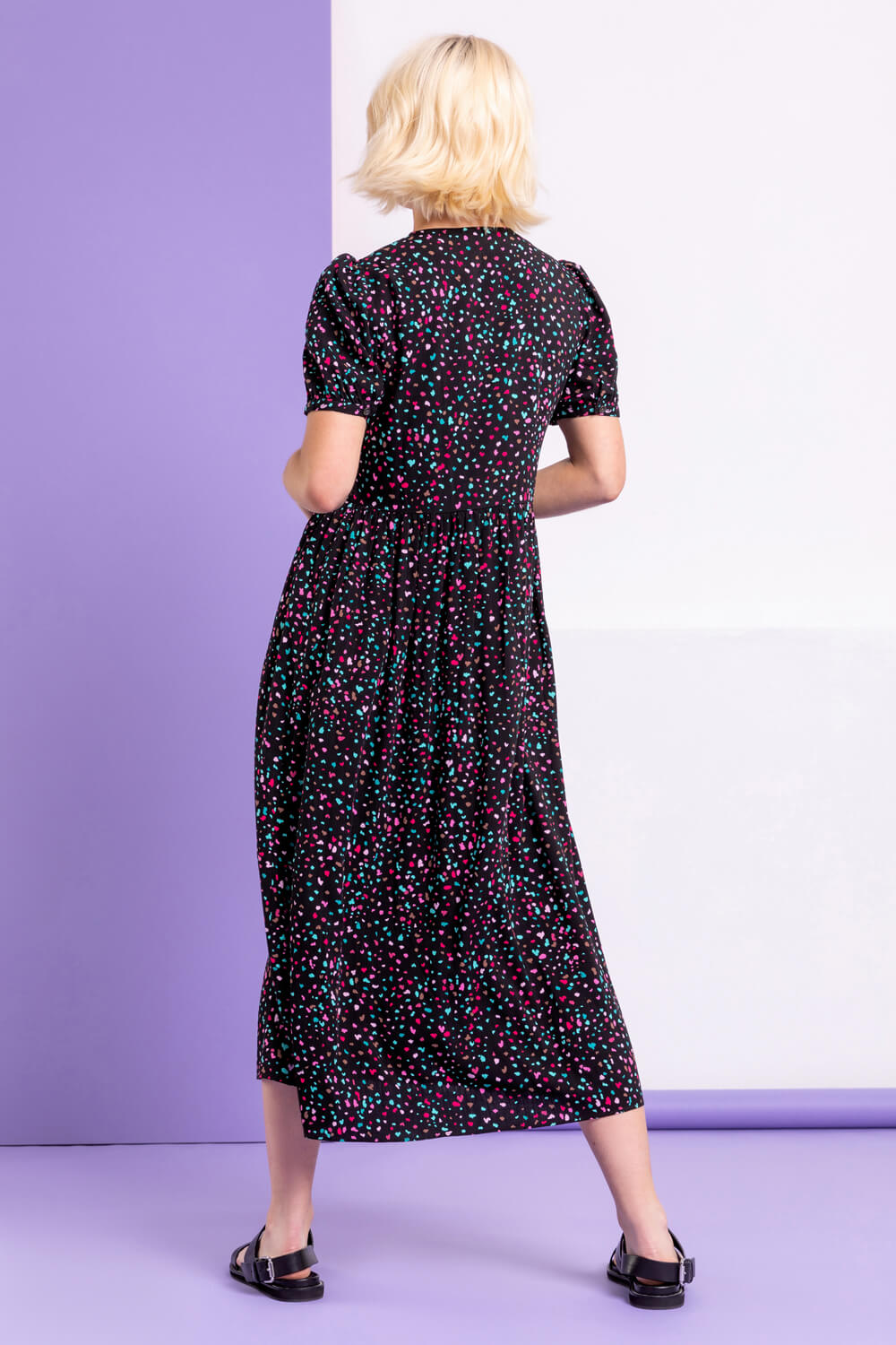 Black Ditsy Spot Print Button Down Dress