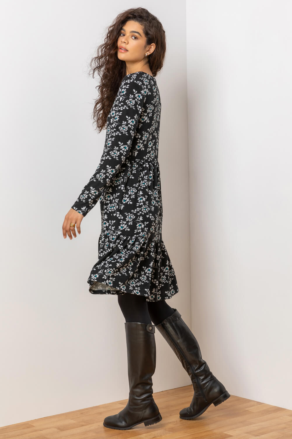 Black Floral Print Tiered Dress
