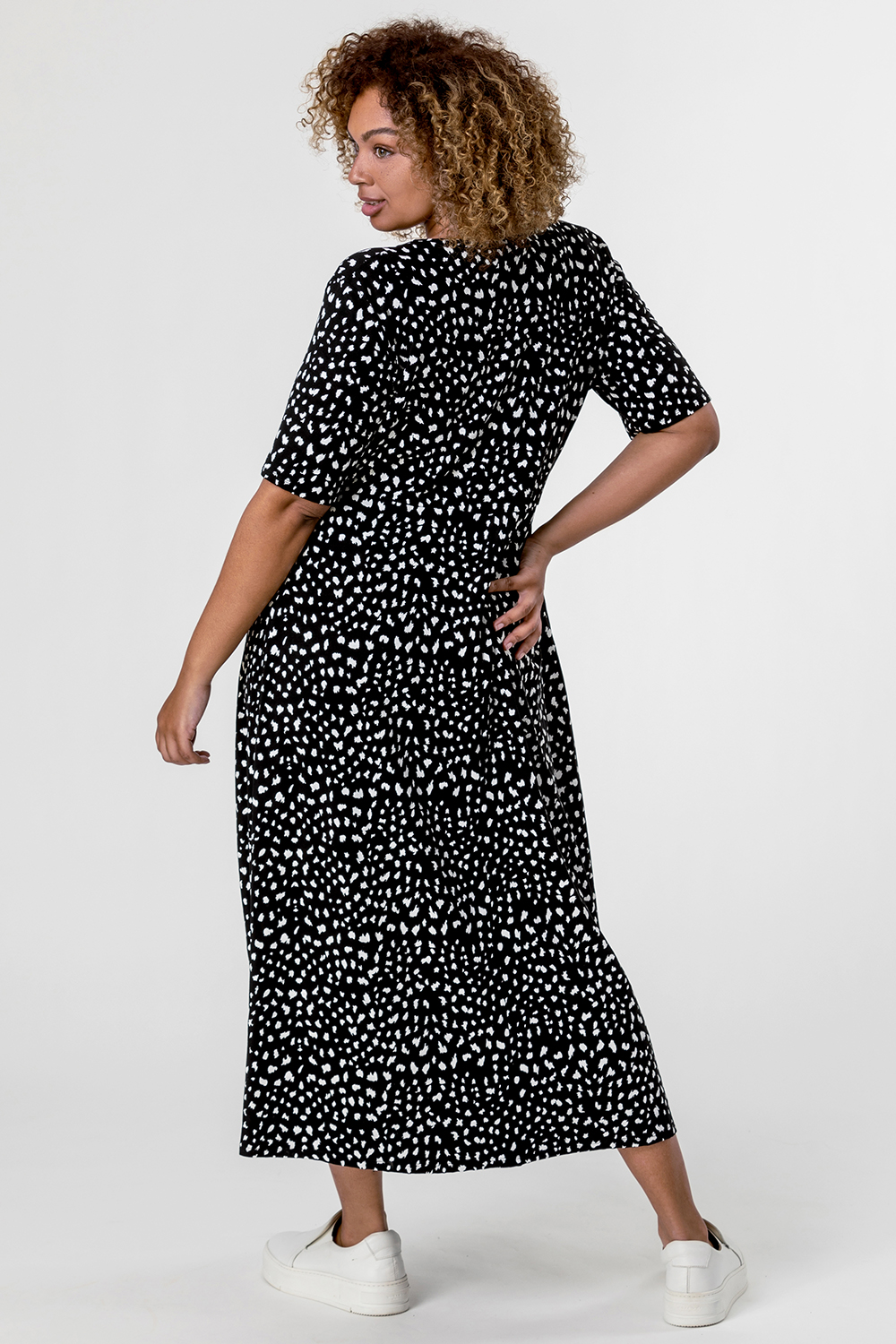 Black Curve Ditsy Spot Print Midi Dress
