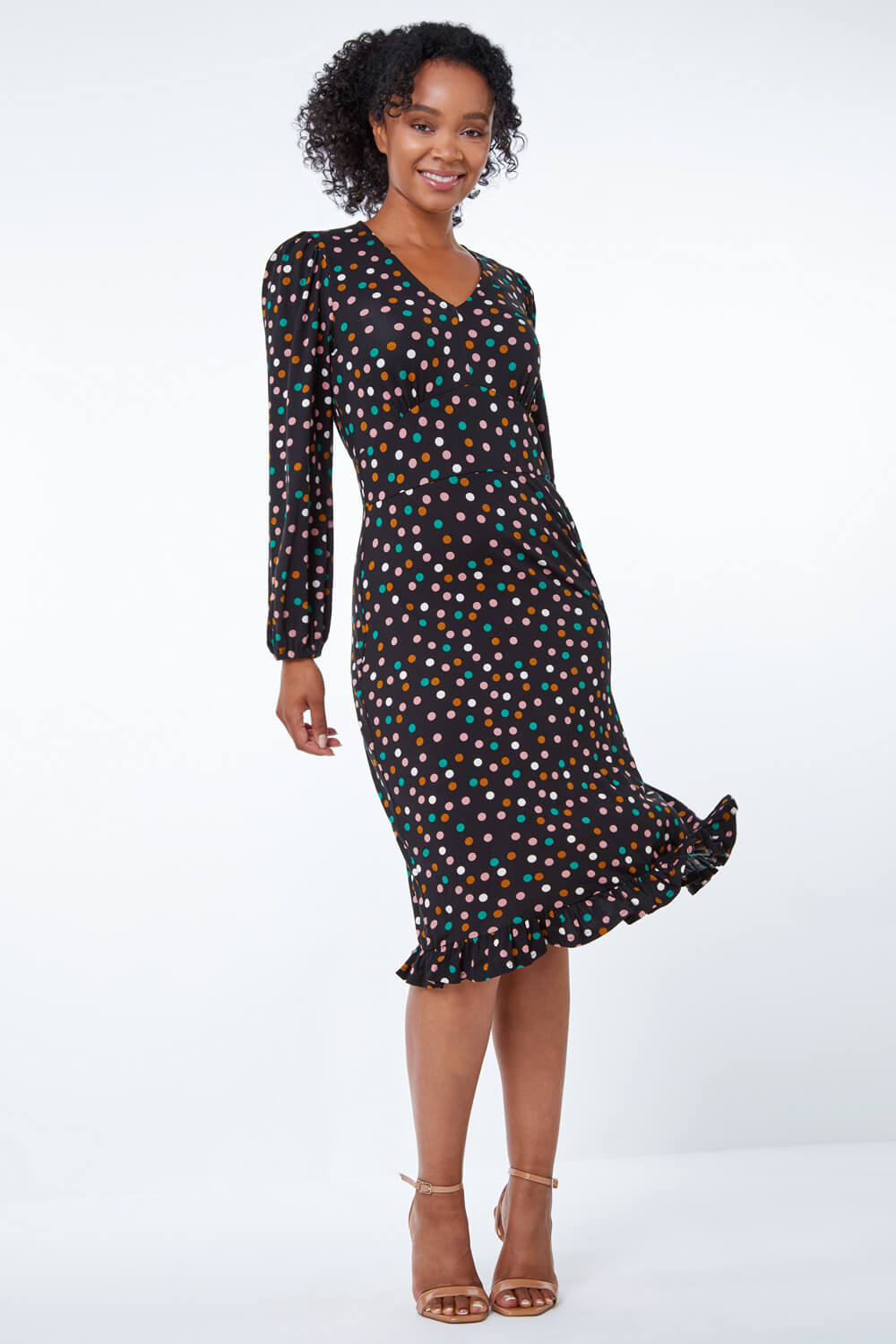 Black Petite Spot Print Frill Hem Dress