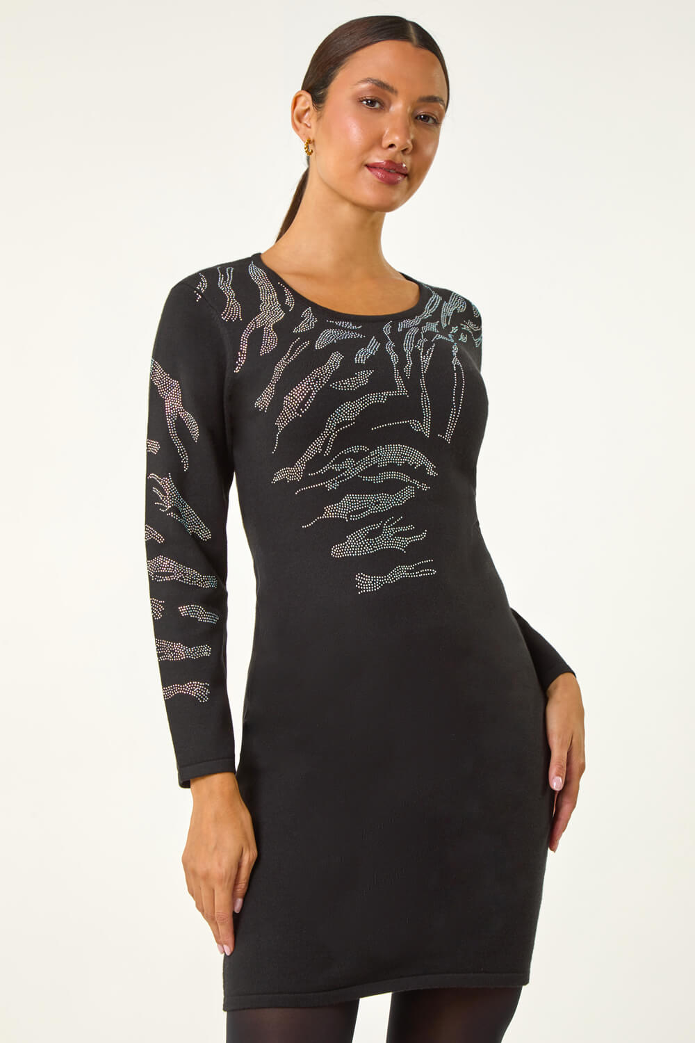 Black Animal Print Embellished Hotfix Shift Dress