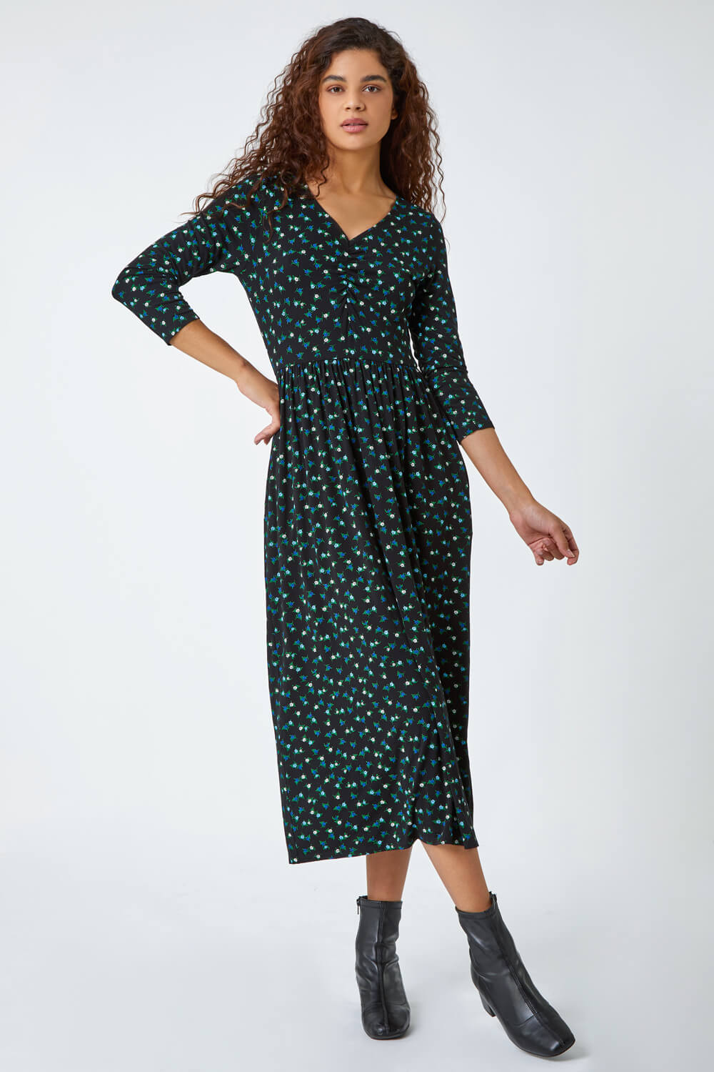 Black Ditsy Print Pocket Midi Stretch Dress
