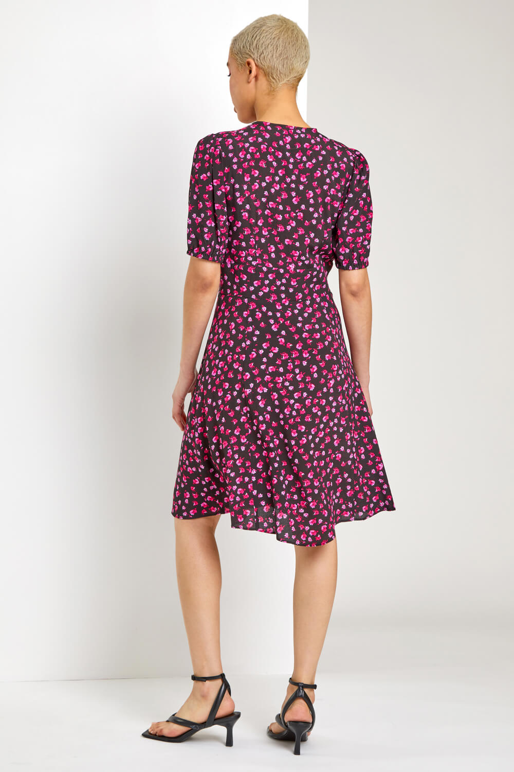 Black Ditsy Floral Frill Hem Tea Dress