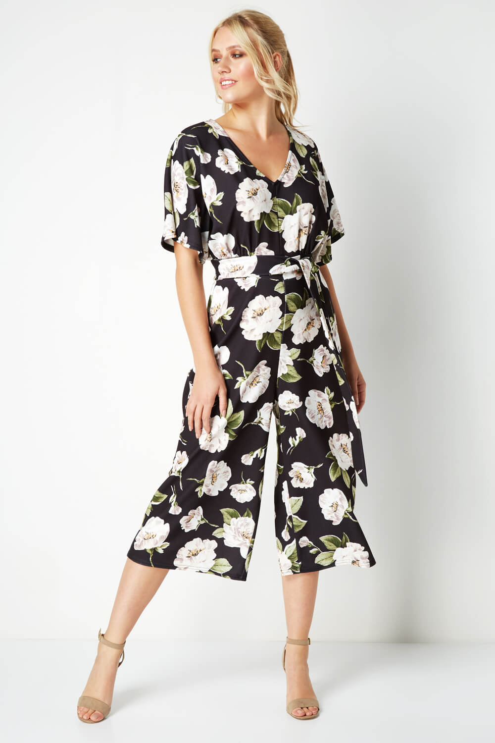 Black Floral Wrap Culotte Jumpsuit