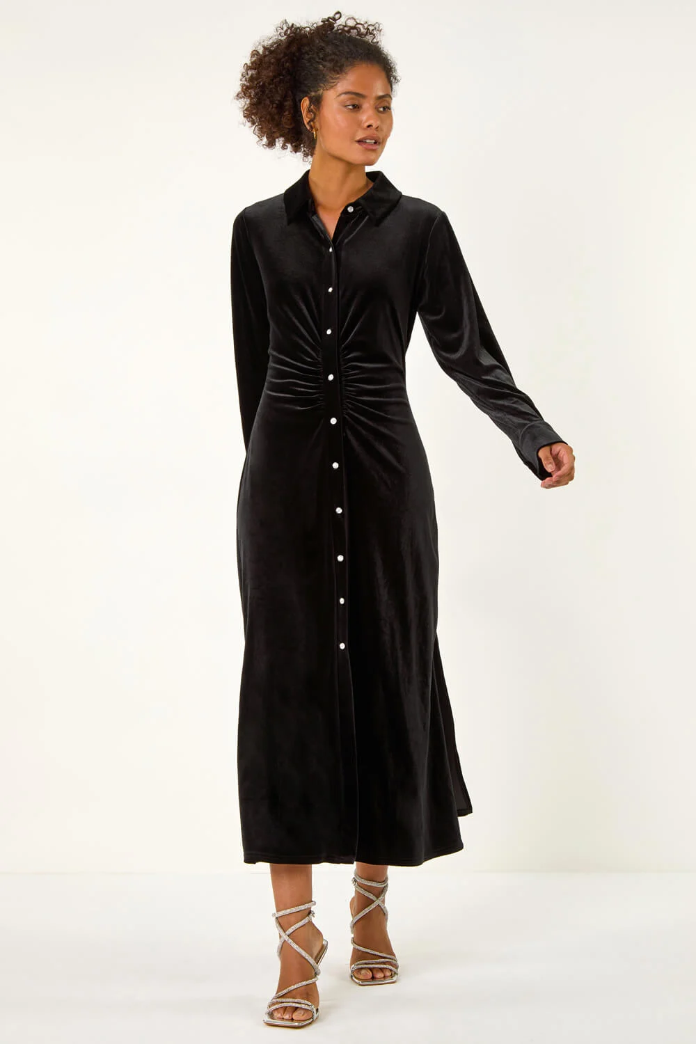 Black Dusk Velvet Button Midi Shirt Dress