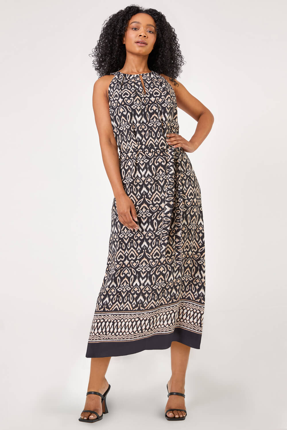Black Petite Boho Border Print Halter Neck Dress