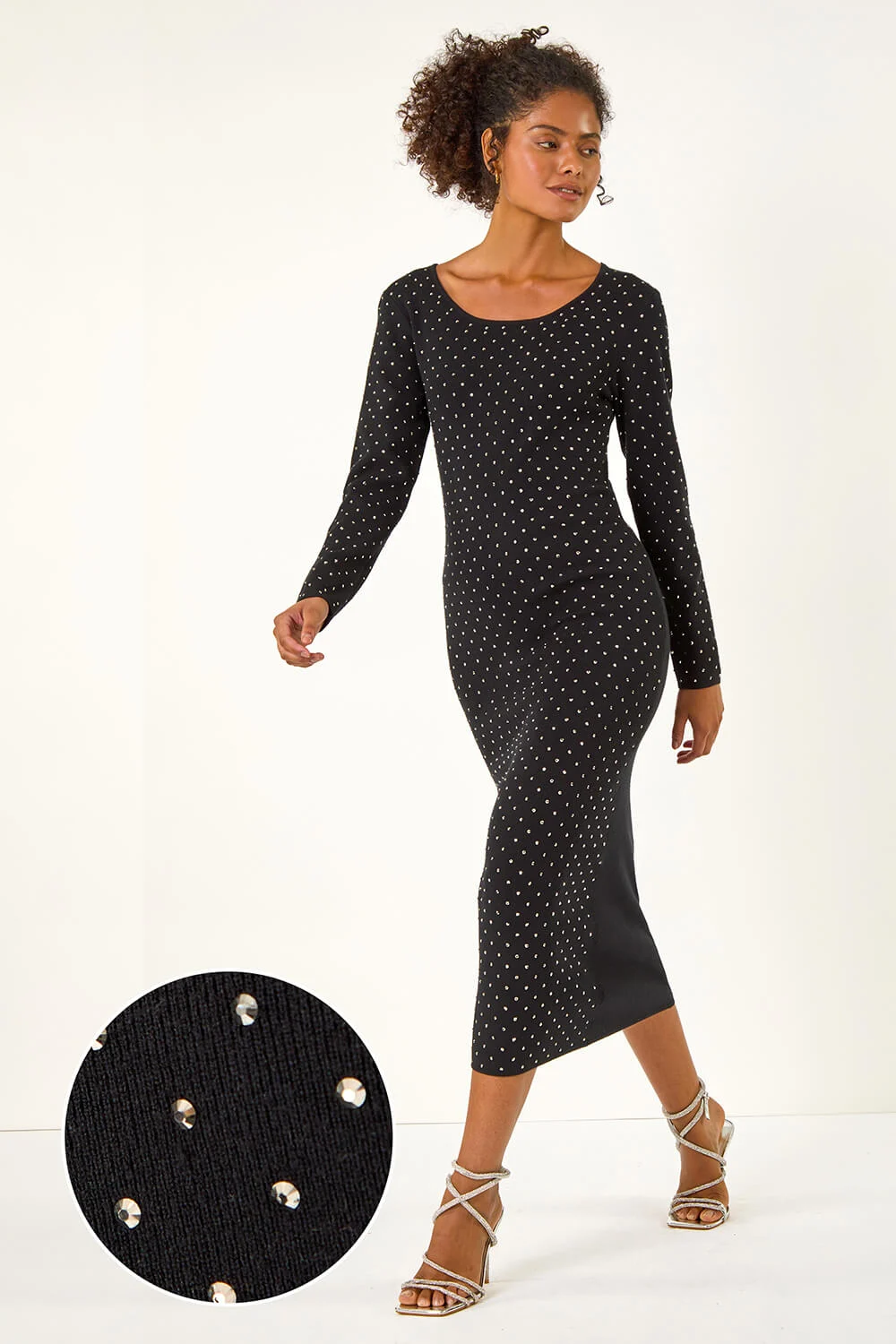 Black Dusk Hotfix Spot Print A-Line Midi Dress
