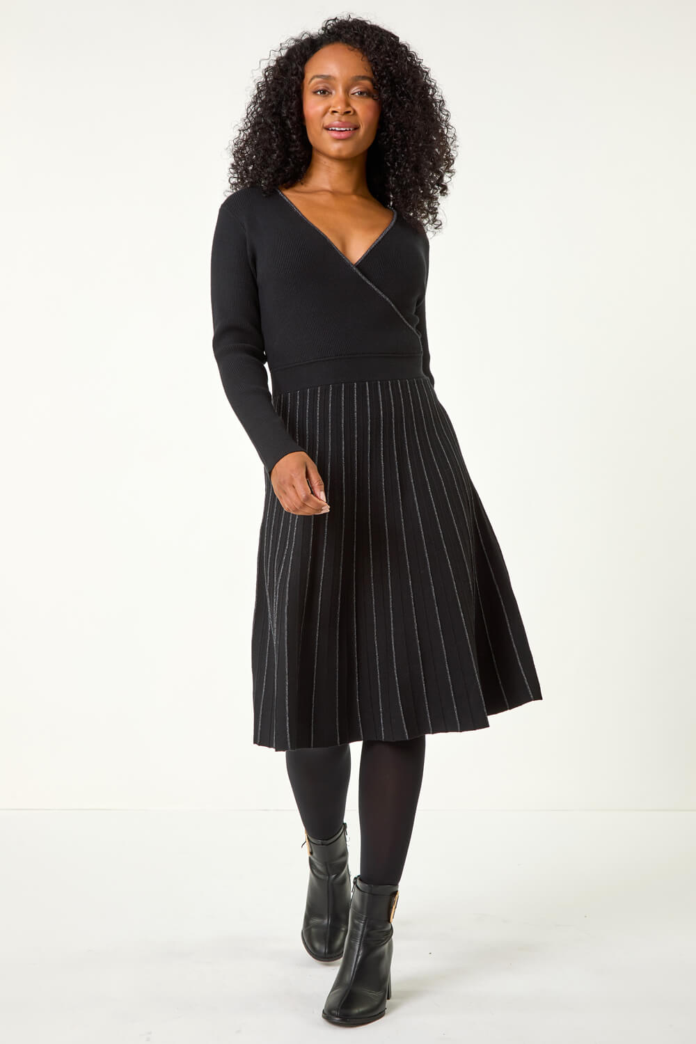 Black Petite Metallic Pleat Knitted Dress