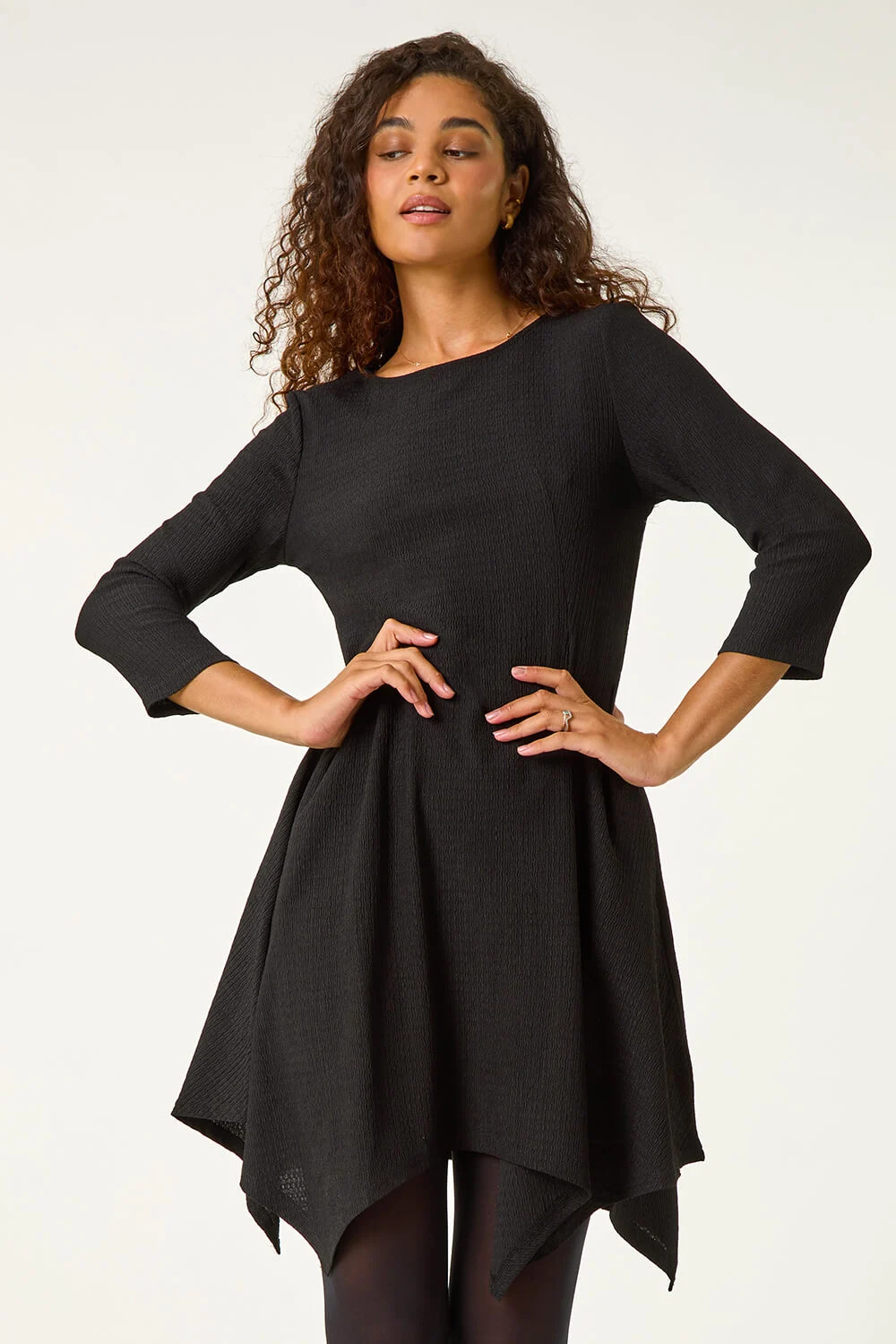 Black Asymmetric Textured Pleat Stretch Dress