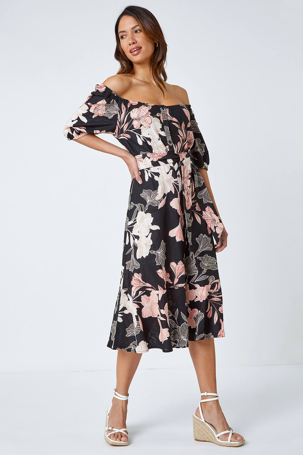 Black Floral Linen Blend Bardot Midi Dress