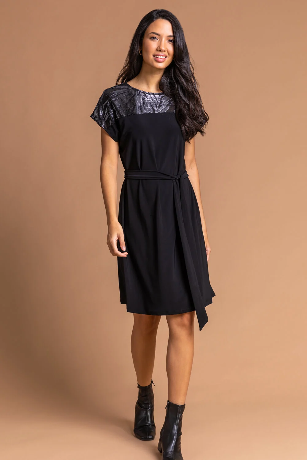 Black Foil Print Contrast Yoke Skater Dress