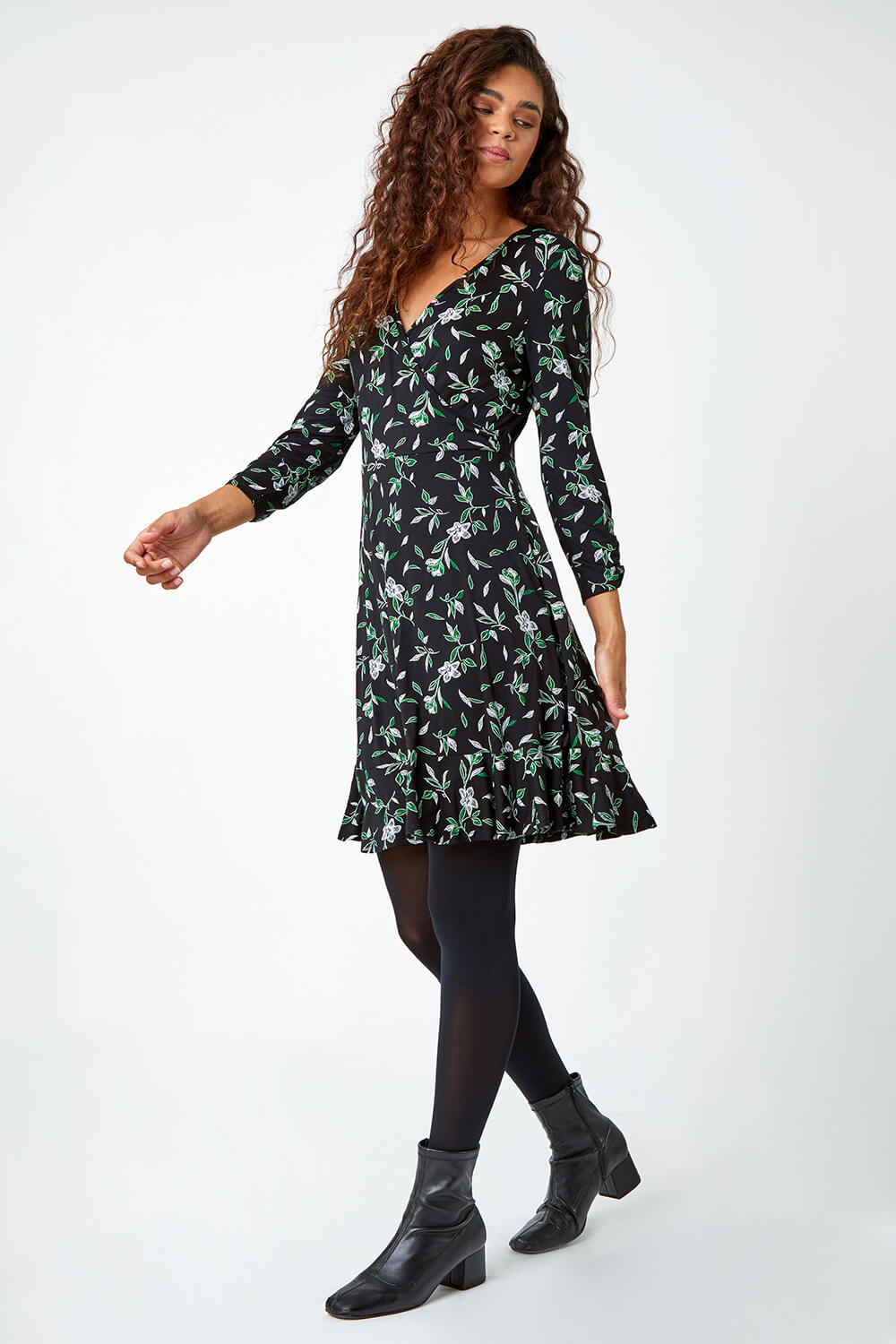 Black Leaf Print Frill Hem Wrap Stretch Dress