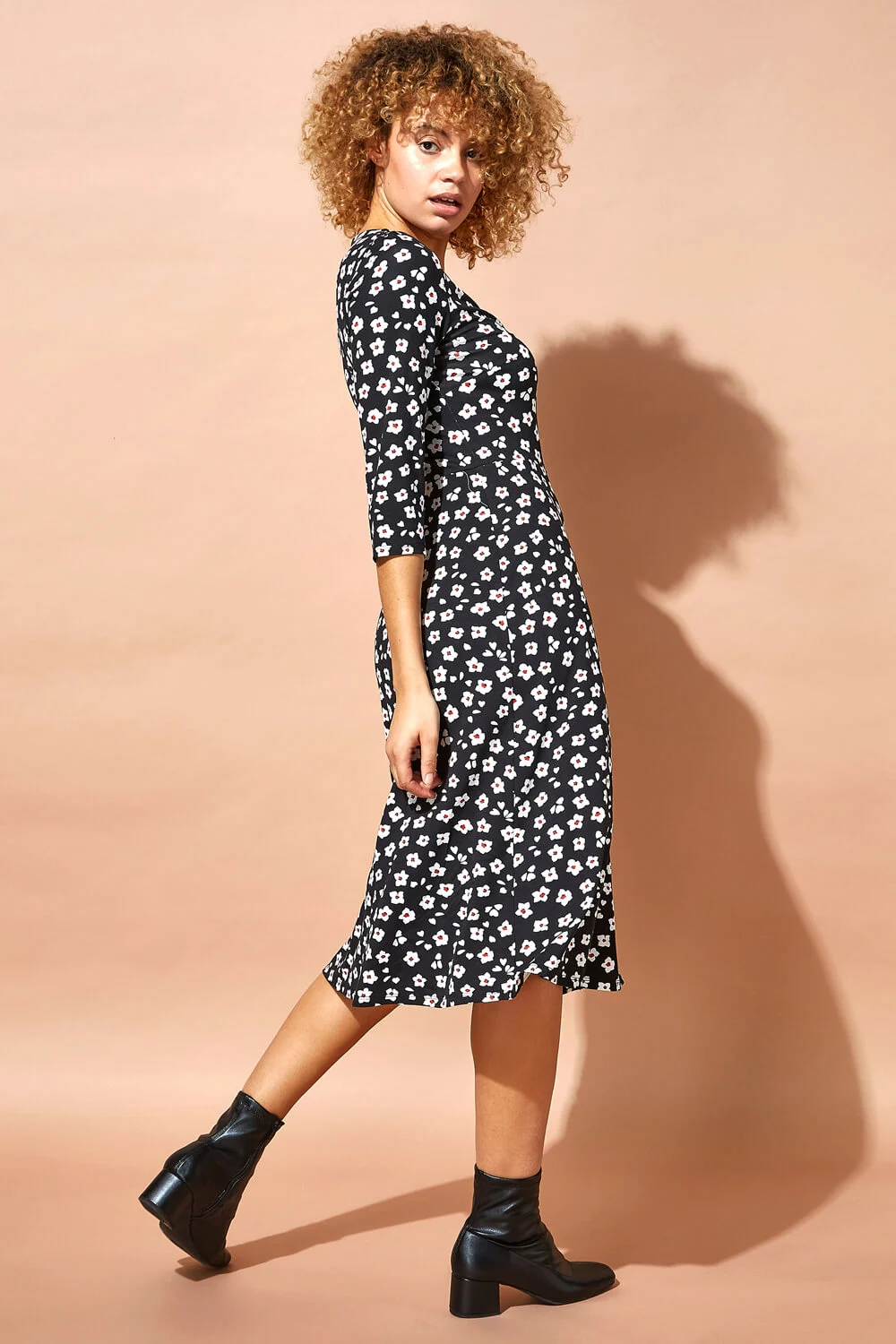 Black Floral Print Midi Length Tea Dress