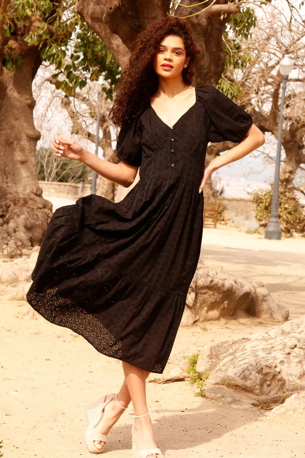 Black Broderie Puff Sleeve Cotton Midi Dress