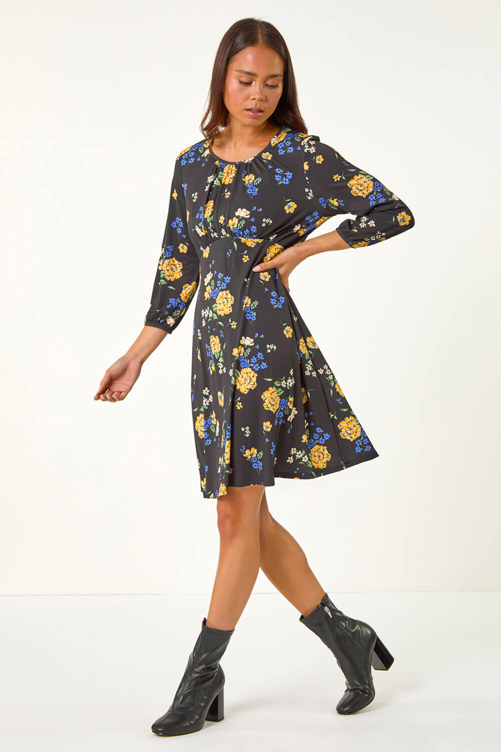 Black Petite Floral Print Gathered Waist Dress