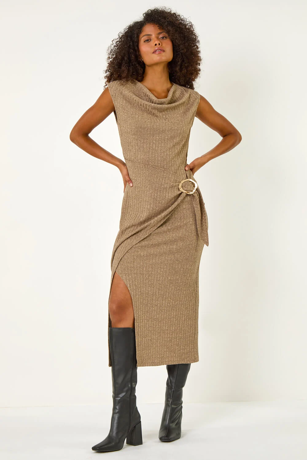 Beige Dusk Cowl Neck Buckle Midi Dress