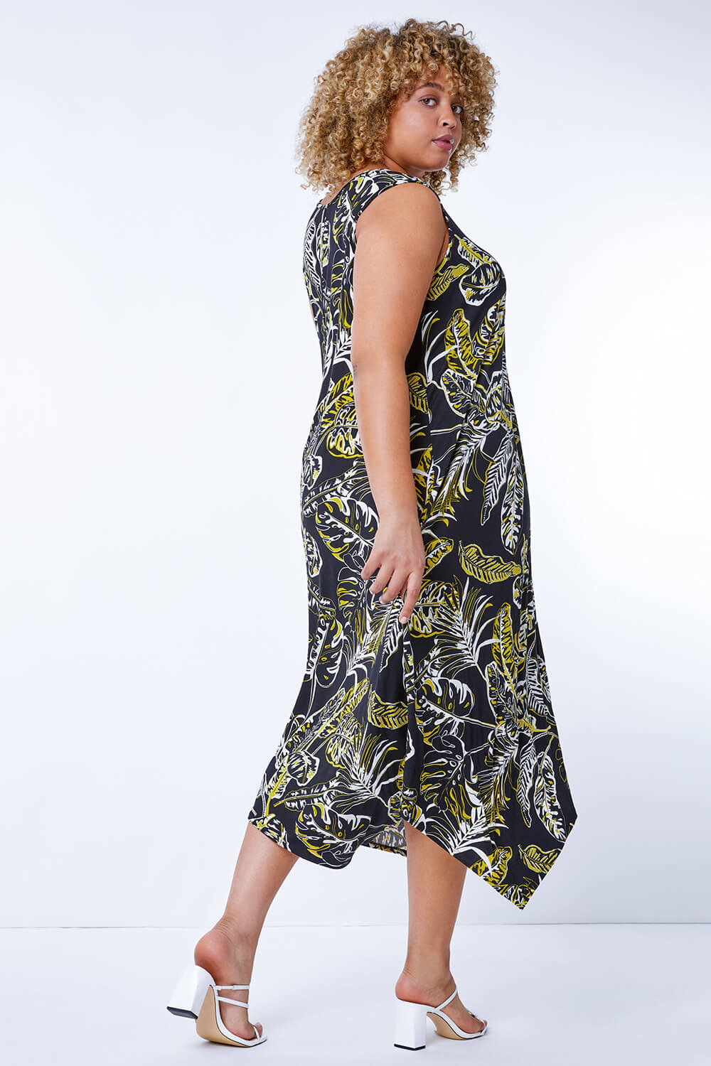 Black Curve Leaf Hanky Hem Stretch Dress