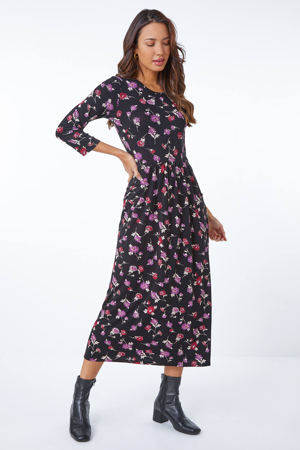 Black Floral Print Pocket Detail Midi Dress