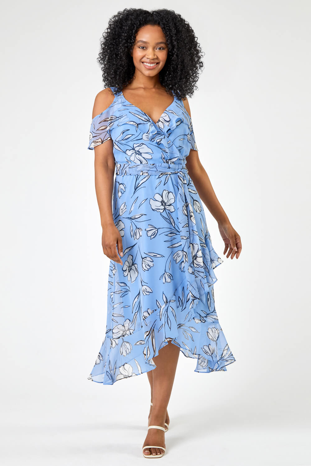 Blue Petite Floral Cold Shoulder Chiffon Midi Dress