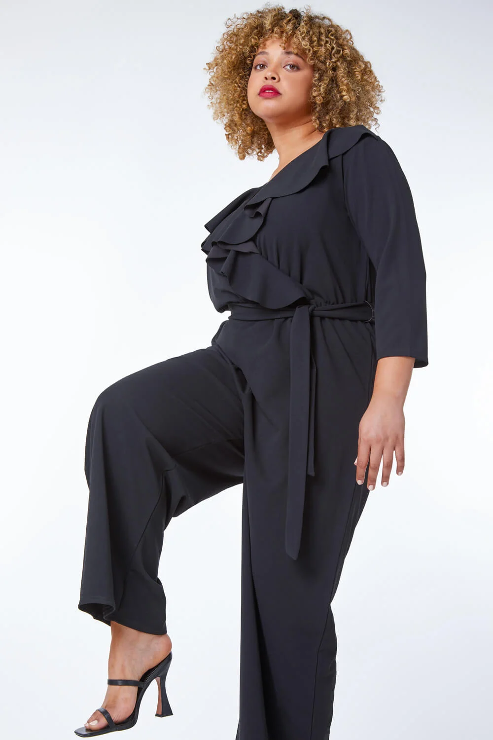 Black Curve Frill Detail Wrap Jumpsuit